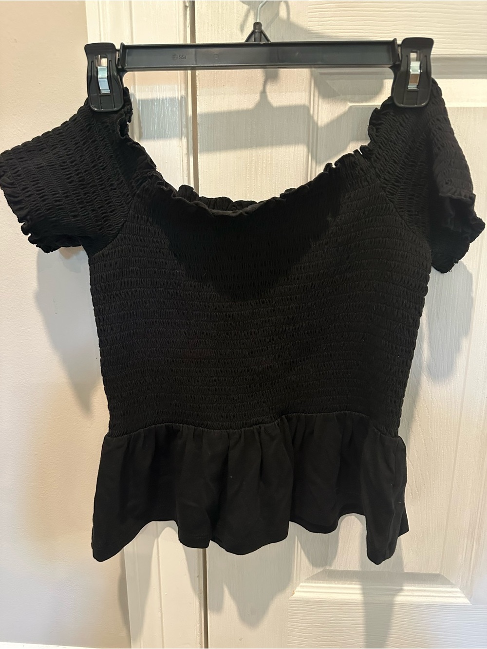 American Eagle Outfitters Black Smocked Off-Shoulder Peplum Crop Top